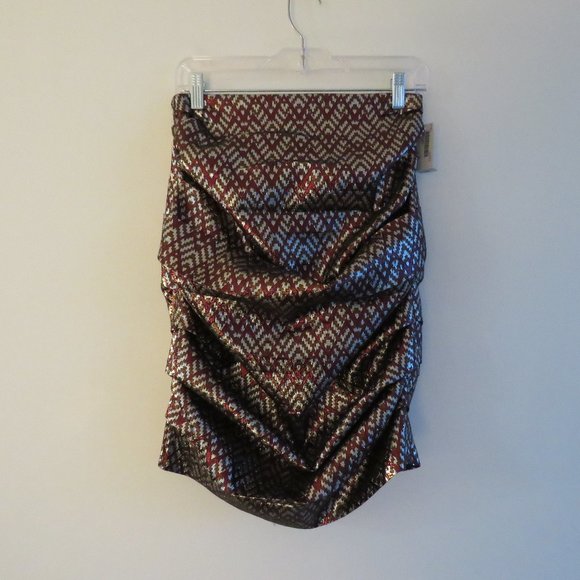 BIRGITTE HERSKIND Silver Red Metallic Brocade Ruched April Skirt - Size US 6 - Picture 4 of 15
